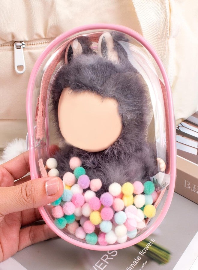 LETGO Clear Figure Display Bag with Keychain for Doll, Protective Case for Dolls Storage Bag, Pouch Keychain for Collectibles with Pompoms Waterproof Dustproof Pouch Display Storage Box for Doll (Pink) - Image 3