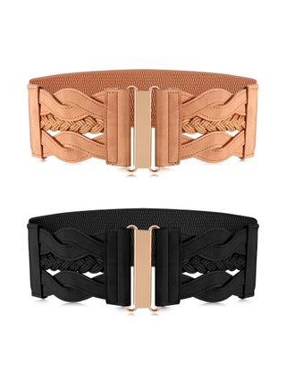 2 Pieces Women's Waist Belt Wide Elastic Retro Belt Stretchy Wide Waist Belt Cinch Retro Buckle Belt