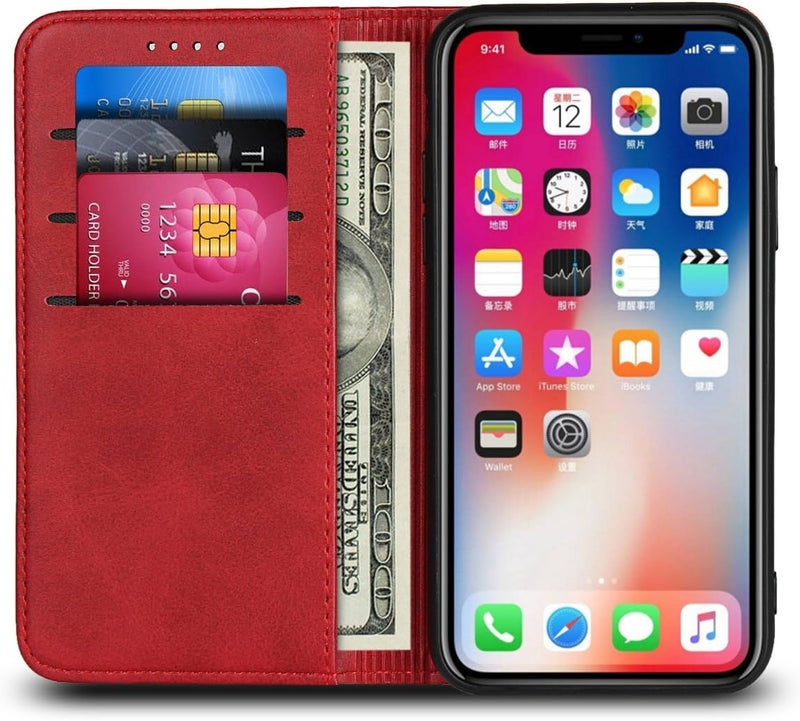iCoverCase for iPhone XR Wallet Case with Card Holder, PU Leather Magnetic Kickstand Feature Shockproof Protective Flip Cover Case - Red - Image 2