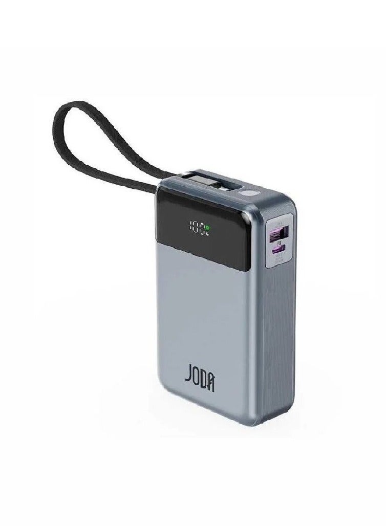 جودا باور بانك JODA SHARG 20 بسعة 20000 مللي أمبير وقدرة 65 واط PD يوفّر شحن سريع وفعّال للأجهزة المتعددة. مزود بكابل USB-C مضفّر وشاشة LED لعرض مستوى الشحن، مع منفذين USB-C وUSB-A لمرونة أكبر. - Image 1