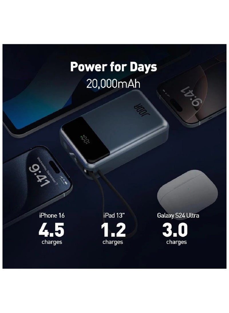 جودا باور بانك JODA SHARG 20 بسعة 20000 مللي أمبير وقدرة 65 واط PD يوفّر شحن سريع وفعّال للأجهزة المتعددة. مزود بكابل USB-C مضفّر وشاشة LED لعرض مستوى الشحن، مع منفذين USB-C وUSB-A لمرونة أكبر. - Image 2