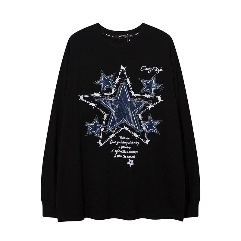 YPRS Men's Wear | 2023 Men's and Women's Black Loose Couple's Star Sticker Letter Long Sleeve T-Shirt in Spring and Autumn - Image 2