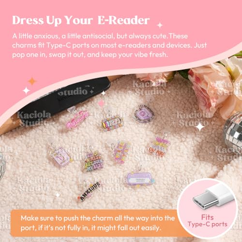 Kaciola 9 Pack Charms for E Reader Paper White 11th, Dust Plug Accessories for Women, Compatible with Kin-dle Charging Port Cover Anxiously Type-C - Image 2