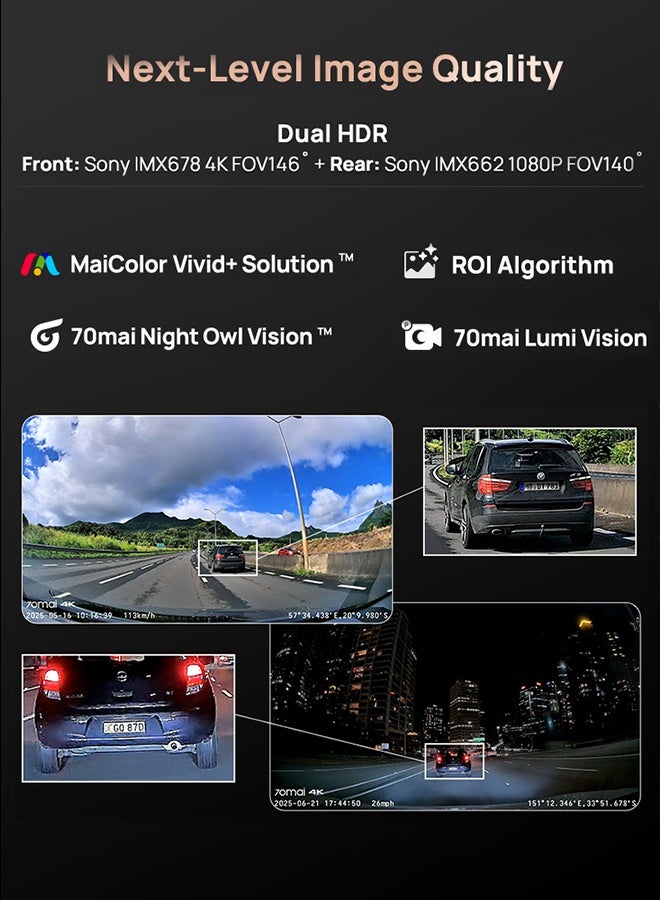 كاميرا داش 70mai A810S-2 4K أمامية وخلفية، كاميرا سيارة 4K+1080P مع مستشعرات STARVIS 2 ورؤية ليلية HDR، 4G LTE، ADAS وWiFi 6، مراقبة على مدار 24/7، تحكم صوتي، تسجيل متكرر، دعم مكثف فائق 512GB - Image 2