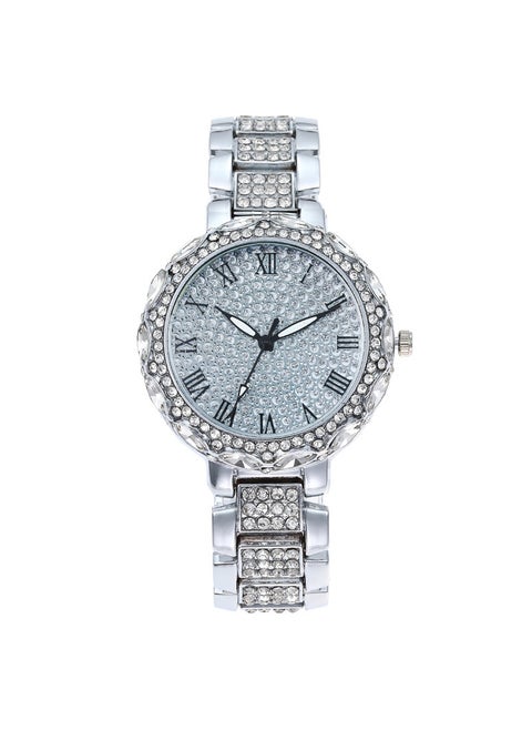 Fashionable Roman Rhinestone Starry Ladies Quartz Watch Silver