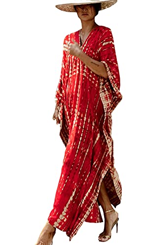 YouKD Print Floral Long Kaftan V-Neck Robe Boho Beach Swimsuit Cover Up Maxi Dress for Women B Red - Image 2