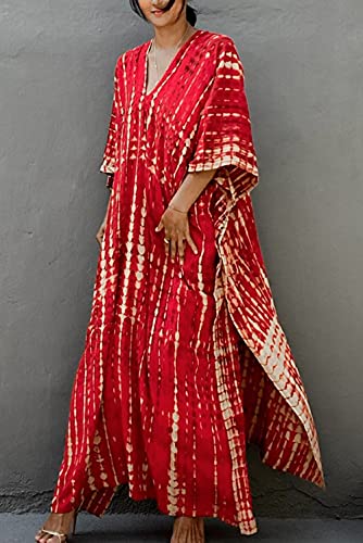 YouKD Print Floral Long Kaftan V-Neck Robe Boho Beach Swimsuit Cover Up Maxi Dress for Women B Red - Image 3