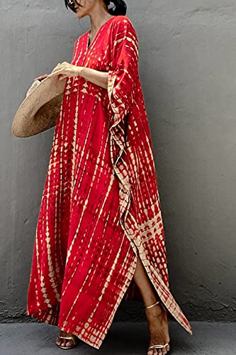 YouKD Print Floral Long Kaftan V-Neck Robe Boho Beach Swimsuit Cover Up Maxi Dress for Women B Red - Image 4