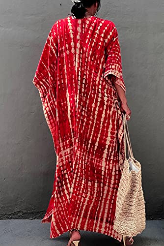 YouKD Print Floral Long Kaftan V-Neck Robe Boho Beach Swimsuit Cover Up Maxi Dress for Women B Red - Image 5