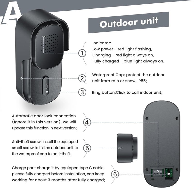 Wuloo Hands Free Two Way Wireless Intercom Doorbell for Home Classroom Outdoor unit only for expandableOnly Outdoor Unit CAN NOT Work Without Indoor Unit Gray - Image 3