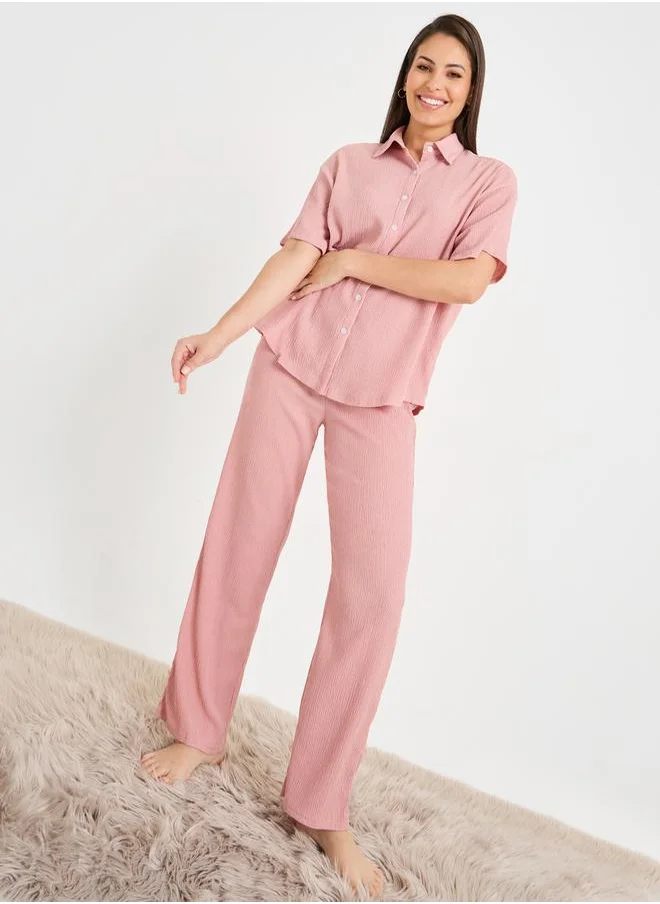 ستايلي Textured Longline Shirt & Pyjama Set
