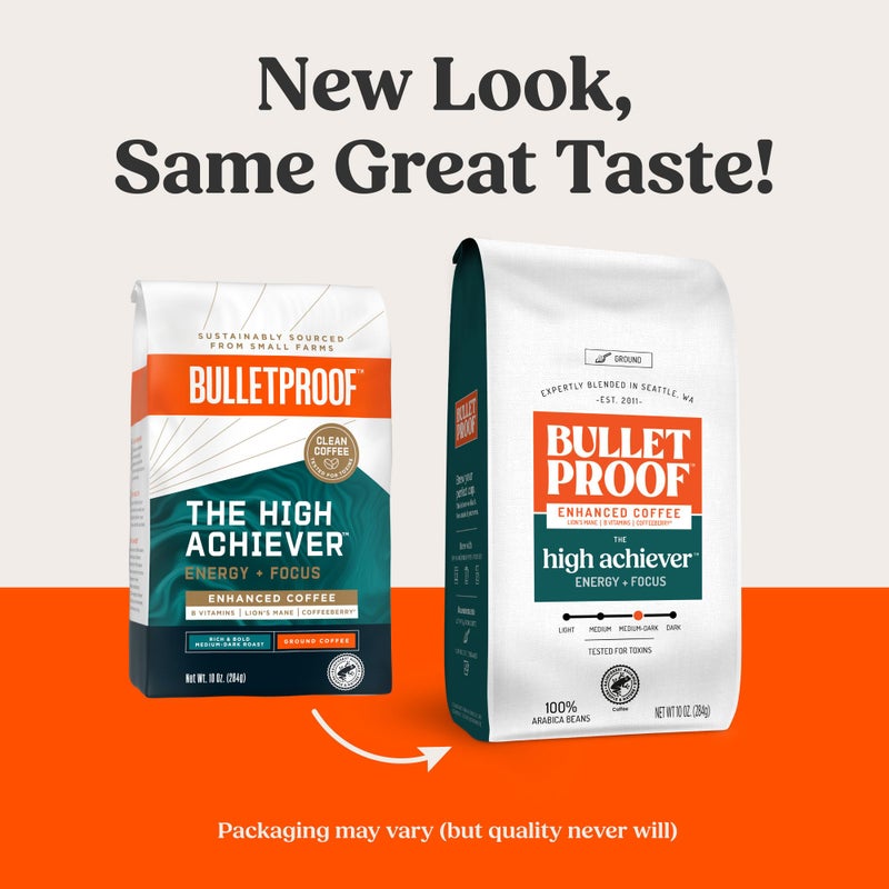Bulletproof The High Achiever Ground Mushroom Coffee, 10oz, High Caffeine with Lion's Mane, B Vitamins and Adaptogens for Energy & Focus, Medium-Dark Roast - Image 2