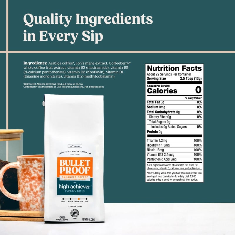 Bulletproof The High Achiever Ground Mushroom Coffee, 10oz, High Caffeine with Lion's Mane, B Vitamins and Adaptogens for Energy & Focus, Medium-Dark Roast - Image 3