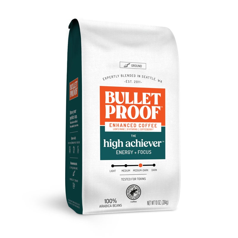 Bulletproof The High Achiever Ground Mushroom Coffee, 10oz, High Caffeine with Lion's Mane, B Vitamins and Adaptogens for Energy & Focus, Medium-Dark Roast - Image 1