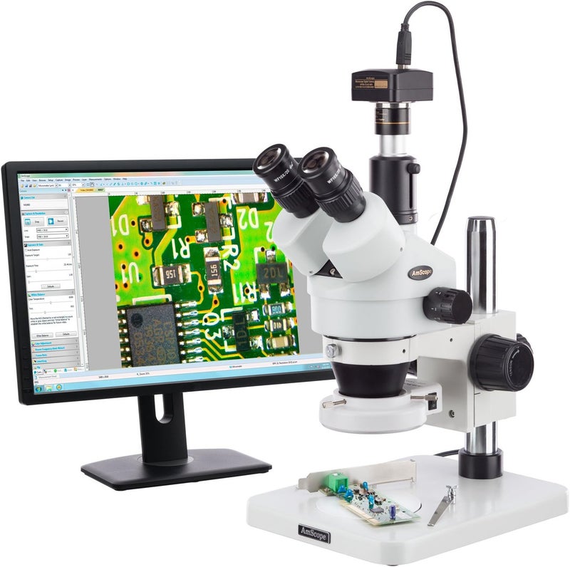 AmScope AmScope SM1TS144S10M Digital Professional Trinocular Stereo Zoom Microscope WH10x Eyepieces 7X45X Magnification 07X45X Zoom Objective 144Bulb LED Ring Light Pillar Stand 110V240V Includes 10MP Camera with Reduction Lens and Software  - Image 1