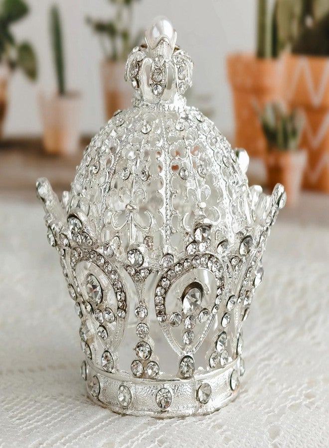 SEVENBEES Hinged Silver Crown Trinket Box, Collectible, Rhinestone-Adorned, Jeweled Enamel, Decorative Jewelry and Ring Holder Box - Image 1