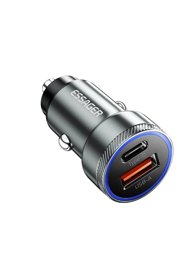 ESSAGER 36W Fast Car Charger Dual Port USB-A + USB-C PD & QC 3.0, Aluminium Alloy Car Charger with LED Display for iPhone, Samsung, Android Devices
