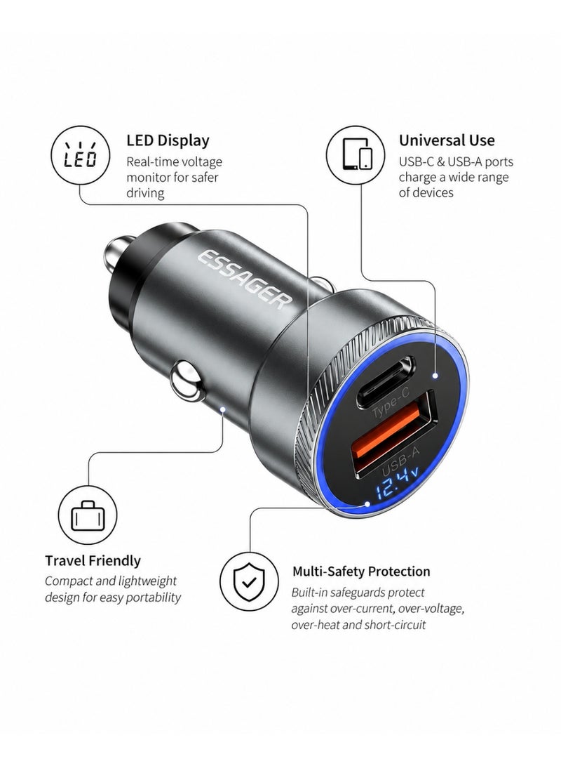 ايساجر شاحن سيارة ESSAGER بقوة 36 واط بمنفذين USB-A و USB-C يدعم الشحن السريع PD و QC 3.0 مع شاشة LED وهيكل من الألمنيوم لهواتف آيفون وسامسونج وأندرويد - Image 2