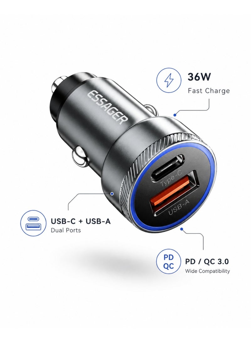 ايساجر شاحن سيارة ESSAGER بقوة 36 واط بمنفذين USB-A و USB-C يدعم الشحن السريع PD و QC 3.0 مع شاشة LED وهيكل من الألمنيوم لهواتف آيفون وسامسونج وأندرويد - Image 3