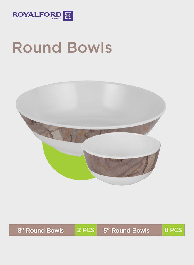 Royalford 45-Piece Melamlne Dinner Set With 1X36Cm Oval Plate, 8X25Cm Deep Plates, 8X20Cm Soup Plates, 8X20Cm Dinner Plates, 2X20Cm Round Bowls, 8X13Cm Round Bowls, 8Xsoup Spoons, 1Xrice Spoon, 1Xladle, Serves 8 For Famlly Gatherings, Brown White/Brown - Image 4