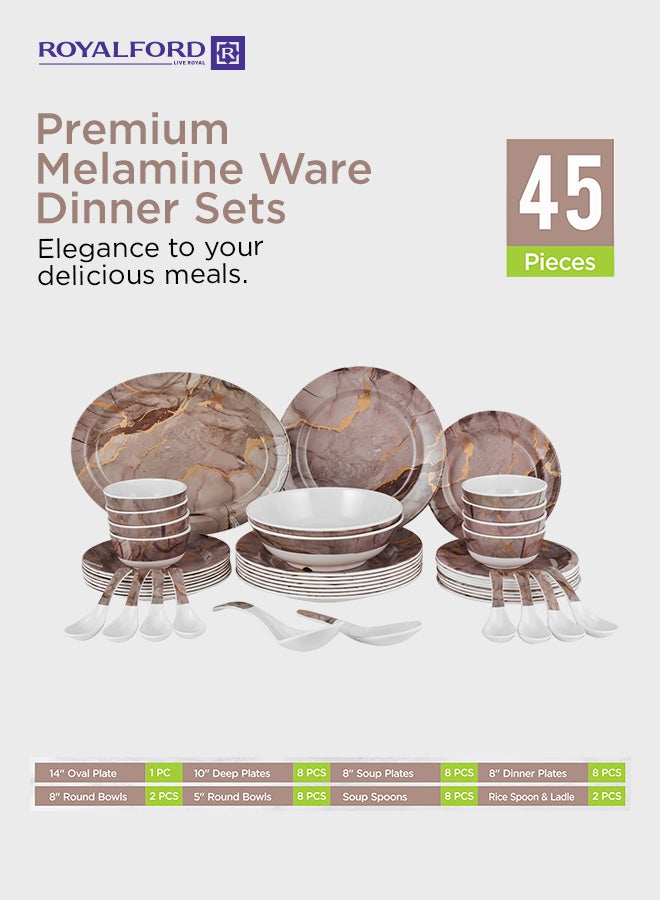 Royalford 45-Piece Melamlne Dinner Set With 1X36Cm Oval Plate, 8X25Cm Deep Plates, 8X20Cm Soup Plates, 8X20Cm Dinner Plates, 2X20Cm Round Bowls, 8X13Cm Round Bowls, 8Xsoup Spoons, 1Xrice Spoon, 1Xladle, Serves 8 For Famlly Gatherings, Brown White/Brown - Image 2