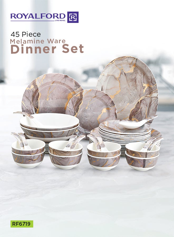 Royalford 45-Piece Melamlne Dinner Set With 1X36Cm Oval Plate, 8X25Cm Deep Plates, 8X20Cm Soup Plates, 8X20Cm Dinner Plates, 2X20Cm Round Bowls, 8X13Cm Round Bowls, 8Xsoup Spoons, 1Xrice Spoon, 1Xladle, Serves 8 For Famlly Gatherings, Brown White/Brown - Image 1