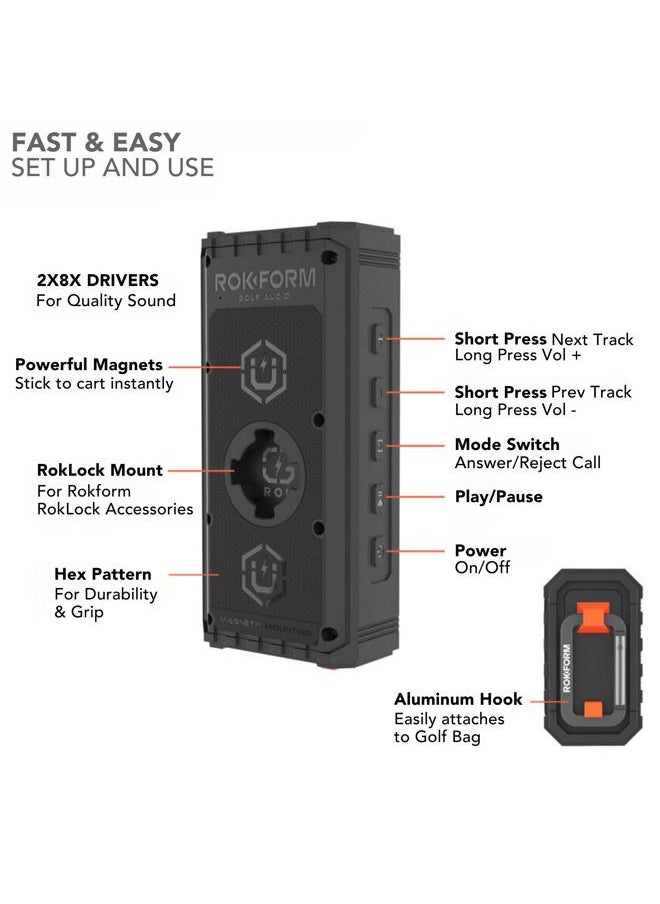 Rokform - G-ROK – Wireless Golf Speaker, Portable Magnetic, IPX7 Waterproof, Shockproof & Dustproof, Loud & Clear Sound, 24 Hour Battery, Rugged Outdoor Golf Cart Speaker (Black) - Image 1