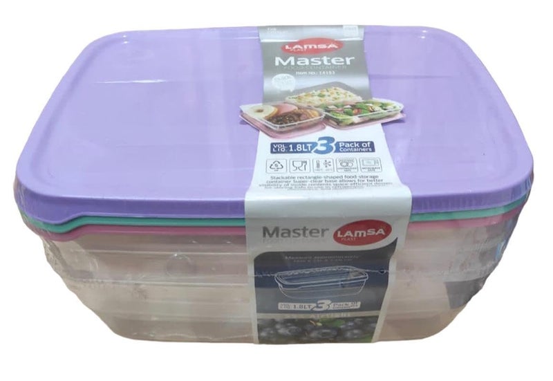 Lamsa Plast food container with lid refrigerator, dishwasher and microwave safe set of 3-1.8 lit - multicolor - Image 2