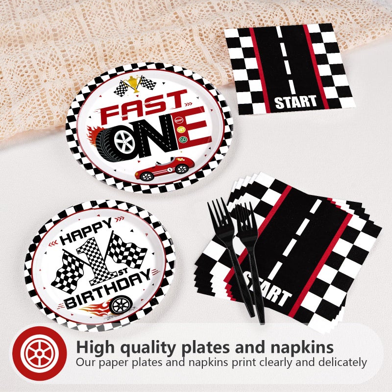 Grencian 96 Pcs Fast One Birthday Decorations Race Car 1st Birthday Plates and Napkins Tableware Sets Racing Car First Party Decorations for Kids Boys 1 Years Old Party Supplies Serves 24 - Image 3