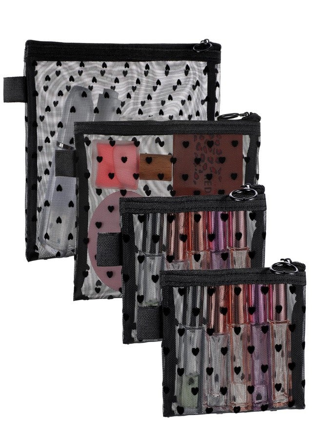 Yolev 4pcs Mesh Pouch Heart Print Black Mesh Makeup Bag with Zipper Portable purse organizer pouches Travel Toiletry cosmetic bag for purse Lipstick Pouches For Home Offices Multipurpose - Image 1