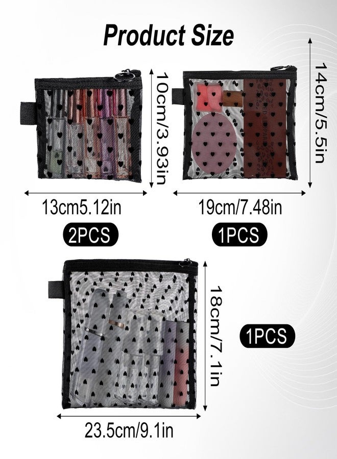 Yolev 4pcs Mesh Pouch Heart Print Black Mesh Makeup Bag with Zipper Portable purse organizer pouches Travel Toiletry cosmetic bag for purse Lipstick Pouches For Home Offices Multipurpose - Image 2