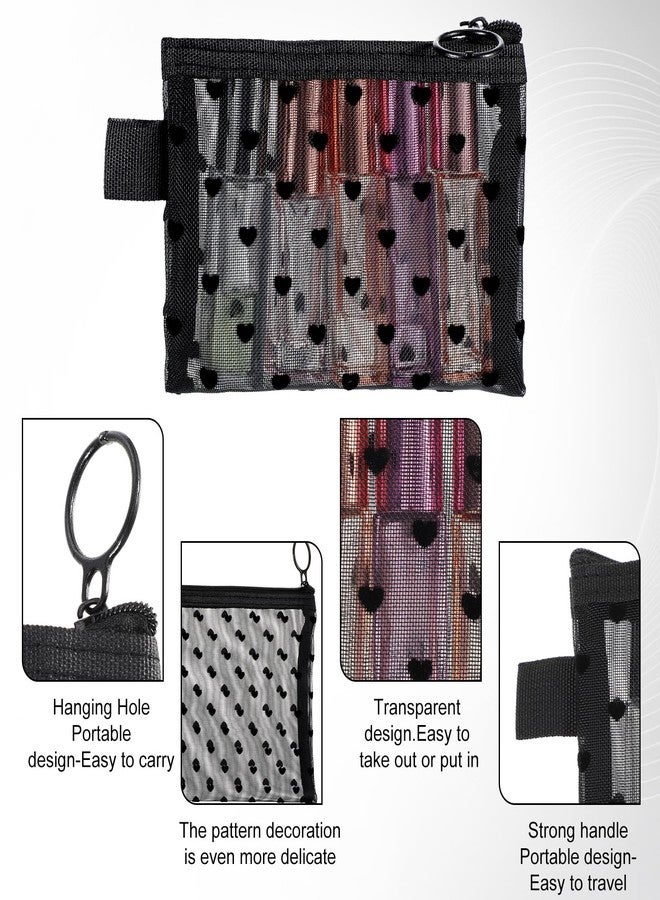 Yolev 4pcs Mesh Pouch Heart Print Black Mesh Makeup Bag with Zipper Portable purse organizer pouches Travel Toiletry cosmetic bag for purse Lipstick Pouches For Home Offices Multipurpose - Image 3