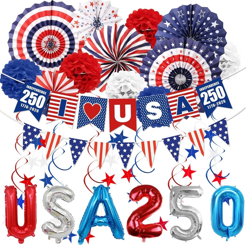 Ainiel 4th of July Decorations, Red White Blue Paper Fans, Patriotic Designs - Image 1