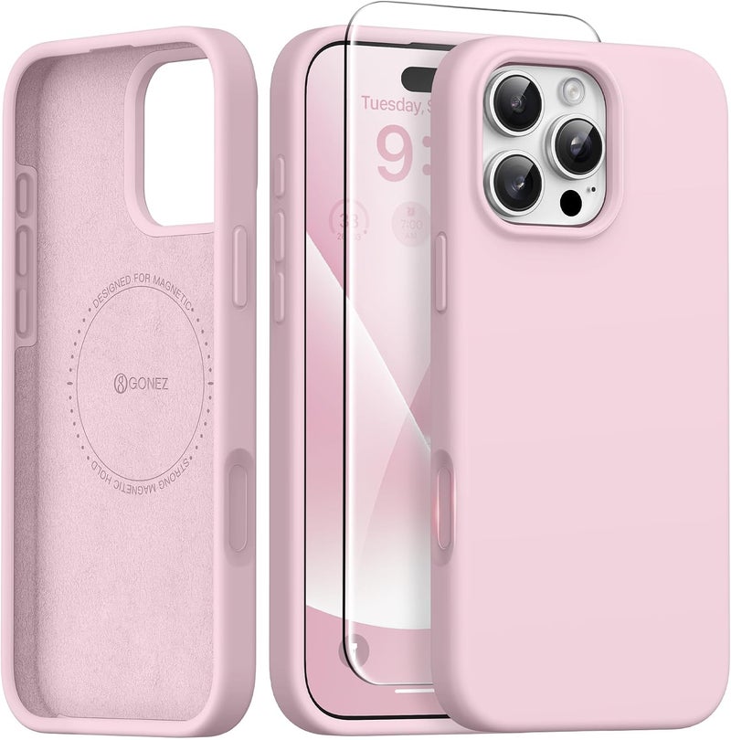 GONEZ Phone Case for iPhone 16 Pro Pastel Pink | Magnetic, Compatible with MagSafe, Screen Protector, Camera Lens Protector, Silicone, Shockproof, Anti-Scratch, Protective, 6.3 inch - Image 1