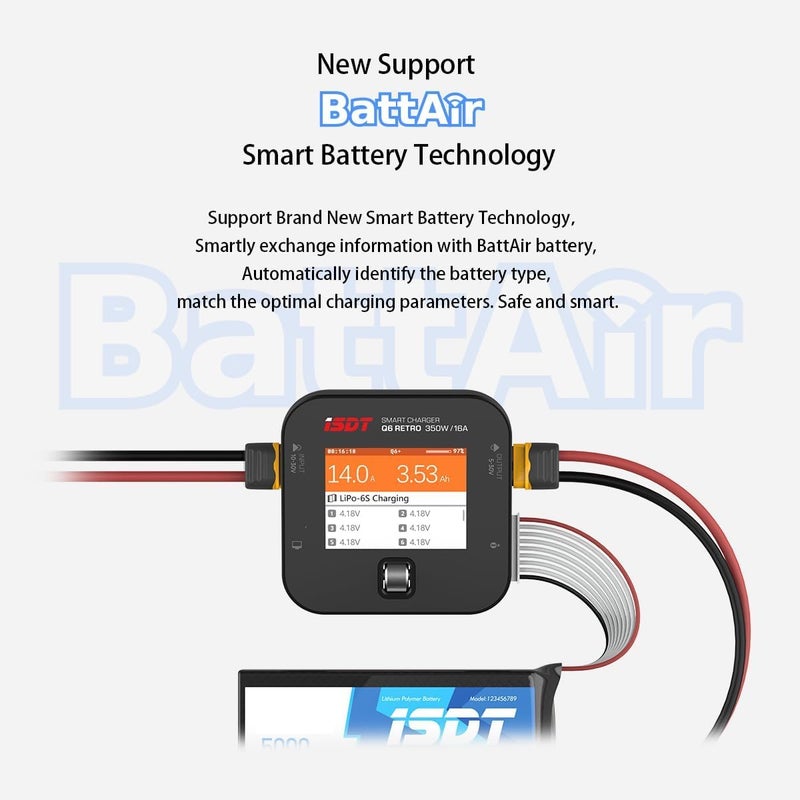 ISDT Q6 Retro Lipo Battery Charger Discharger DC 350W 16A Smart RC Battery Charger for 2~6S Lithium LiHv LiIon Life NiMH Ni-Cd/Pb Lipo Battery Balance Charger, with LCD Display - Image 5