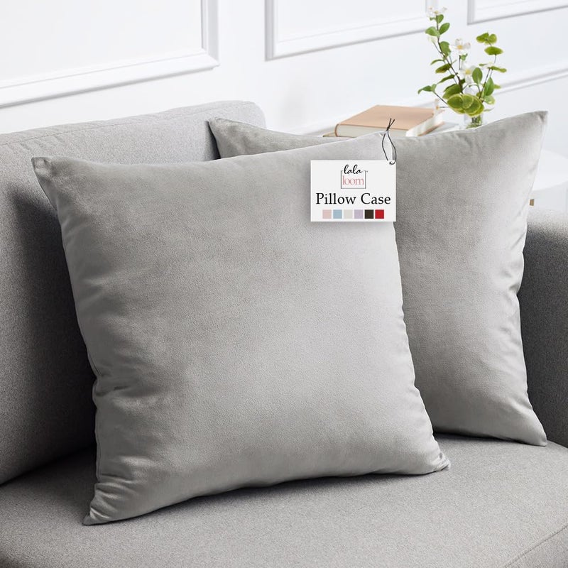 lalaLOOM Velvet Throw Pillow Covers Set of 2 24x24 Decorative Square Pillows Home Decor Soft Accent Cases Silky Machine Washable Pillowcases for Sofa Couch Bedroom Living Room Light Gray