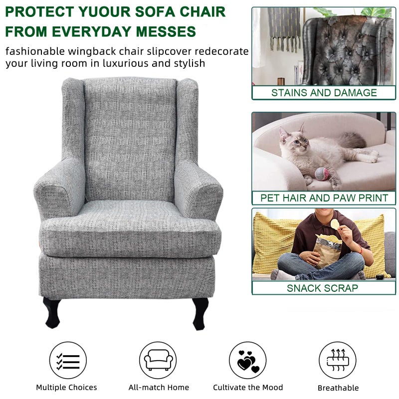 CRFATOP Jacquard Wing Chair Slipcovers 2 Piece Stretch Wingback Chair Cover Spandex Wing Back Armchair Covers Furniture Protector with Elastic Bottom for Living Room Bedroom Wingback Chair,A11 - Image 5