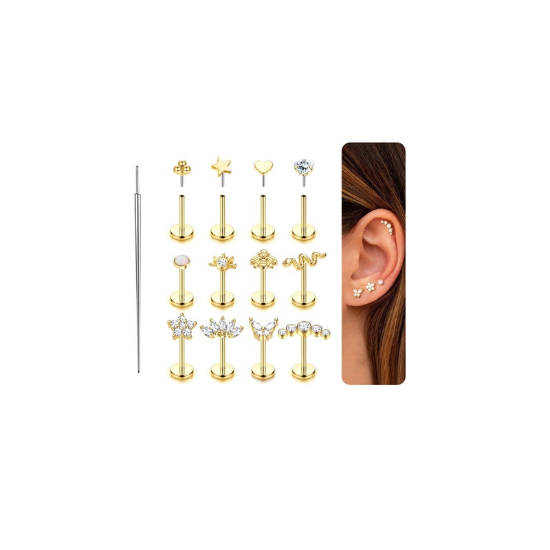 ORAZIO 14K Gold Plated Push in Stud Earrings, 316L Surgical Steel Flat Back Earrings Threadless Tragus Helix Cartilage Conch Nose Piercing Jewelry Hypoallergenic Ear Piercing for Women 16G G 8 - Image 1