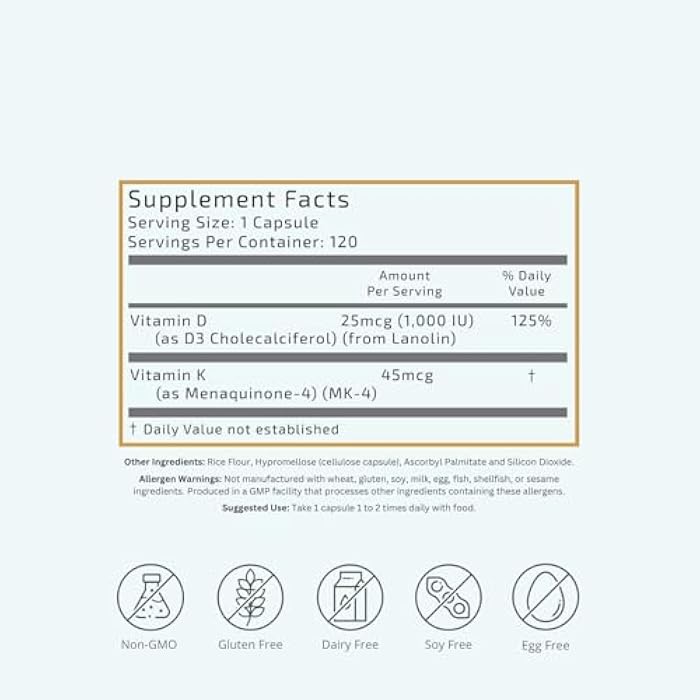 VTC VitaTradingCo. Vitamin D3 + K2 | High Potency, Bioactive Forms | 1000iu D3 + 45mcg MK-4 K2 | Boost Calcium Absorption | Immune, Heart, & Bone Support | 120 Capsules - Image 2