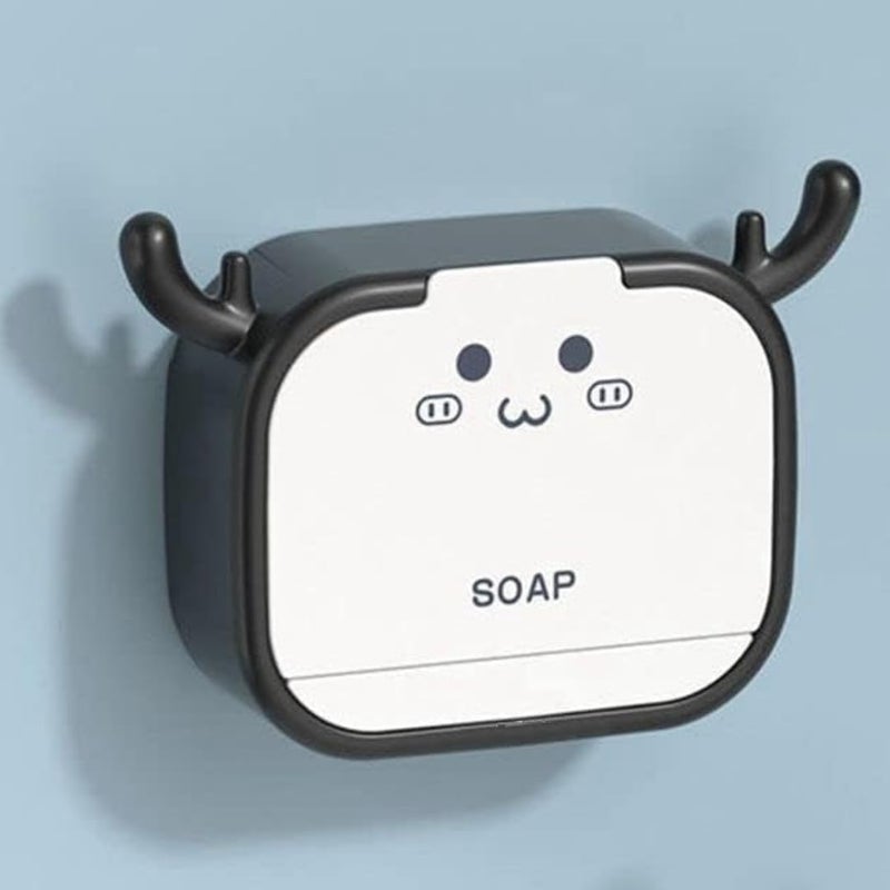 Cyrox Flip-Top Cartoon Antler Bathroom Soap Box Holder, Water Drain Tray Soap Holder, Flip-Top, Wall Mounted, Single Grid (1Pcs)  - Image 1