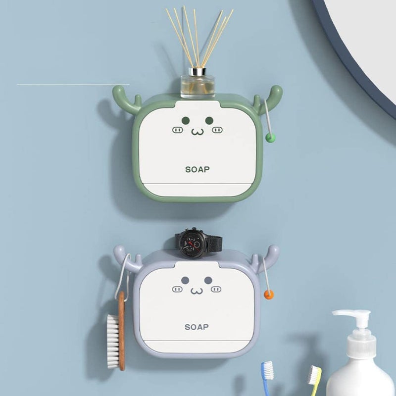 Cyrox Flip-Top Cartoon Antler Bathroom Soap Box Holder, Water Drain Tray Soap Holder, Flip-Top, Wall Mounted, Single Grid (1Pcs)  - Image 2