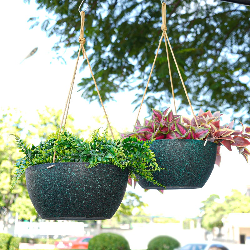 SwinDuck 13 Inch 2 Pack Large Hanging Planters for Indoor Outdoor Plants, Plastic Hanging Basket Pots for House Plants Flowers, Black Speckles - Image 3