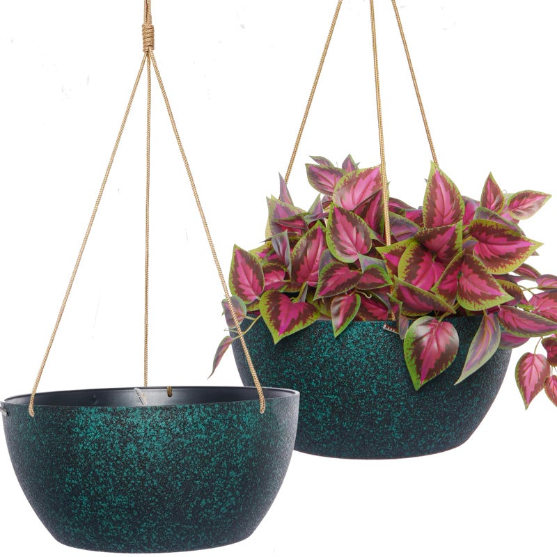 SwinDuck 13 Inch 2 Pack Large Hanging Planters for Indoor Outdoor Plants, Plastic Hanging Basket Pots for House Plants Flowers, Black Speckles - Image 1