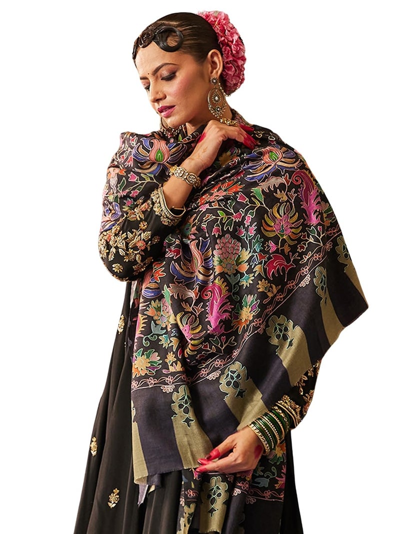 Pashmoda Women Shaheen Fine Wool Fabric Pashmina Kalamkari Embroidered Shawl, Stole and Wrap, Sustainable and Natural Fabric, Heritage Kashmiri Pashmina(Size 40x80) - Image 1
