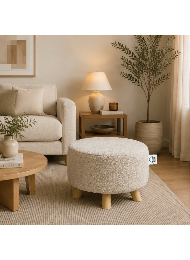 PixelsBeanBag Wide round ottoman in boucle fabric from PixelsBeanBag with wooden legs, for the living room and bedroom, vanity chair - Image 1