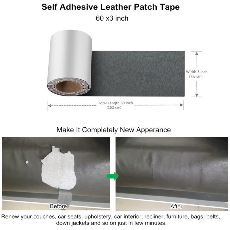 ILOFRI Self Adhesive Leather Repair Patch Tape 3x60 inch, Vinyl and Leather Repair Kit for Couches, Car Seat, Boat Seat, Sofa, Furniture, Vinyl Upholstery, Chair, Interior - Dark Grey #1 - Image 3