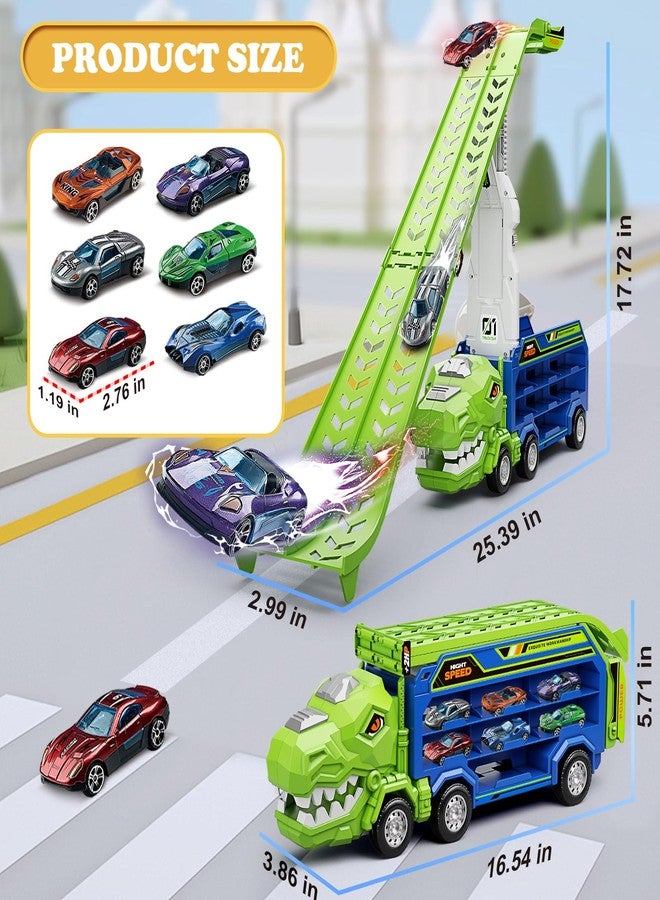 ShyLizard Dinosaur Truck Car Toys for 3, 4, 5, 6, 7, 8 Years Old Kids, Carrier Truck Race Track Toys, Foldable Transport Car Toy with Foldable Race Tracks, 6 Metal Cars, Birthday Gifts for Toddler Boys Girls - Image 2