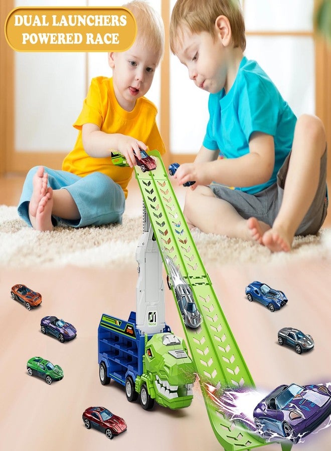 ShyLizard Dinosaur Truck Car Toys for 3, 4, 5, 6, 7, 8 Years Old Kids, Carrier Truck Race Track Toys, Foldable Transport Car Toy with Foldable Race Tracks, 6 Metal Cars, Birthday Gifts for Toddler Boys Girls - Image 5