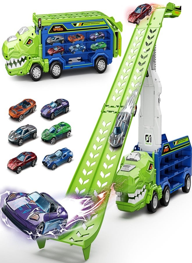 ShyLizard Dinosaur Truck Car Toys for 3, 4, 5, 6, 7, 8 Years Old Kids, Carrier Truck Race Track Toys, Foldable Transport Car Toy with Foldable Race Tracks, 6 Metal Cars, Birthday Gifts for Toddler Boys Girls - Image 1