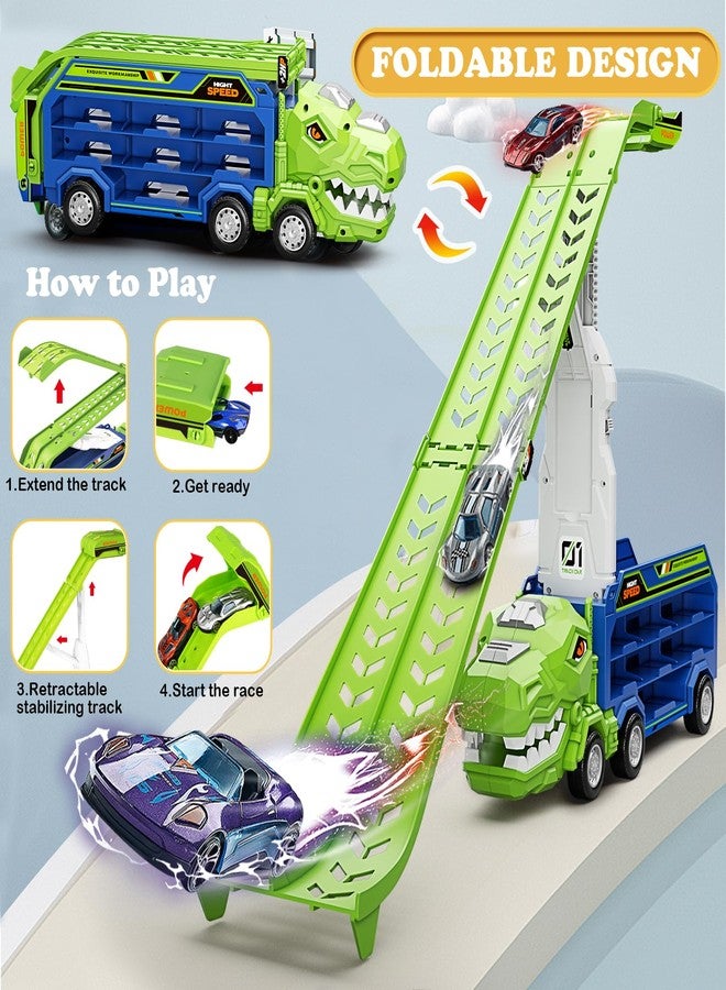 ShyLizard Dinosaur Truck Car Toys for 3, 4, 5, 6, 7, 8 Years Old Kids, Carrier Truck Race Track Toys, Foldable Transport Car Toy with Foldable Race Tracks, 6 Metal Cars, Birthday Gifts for Toddler Boys Girls - Image 3